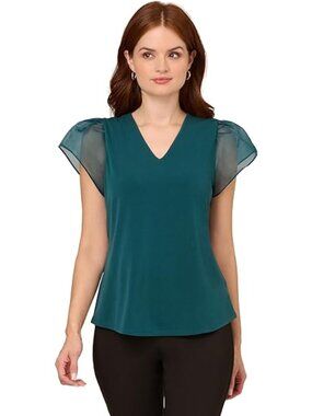 NWT Adrianna Papell Teal Top With Organza Flutter Sleeves